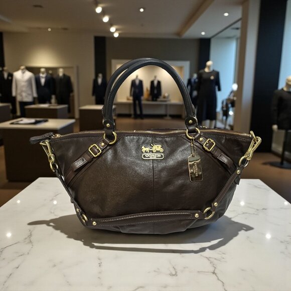 Coach Madison Sophia Satchel 15955 Brown Leather Brass Shoulder Bag Hobo Duffle - Picture 1 of 8
